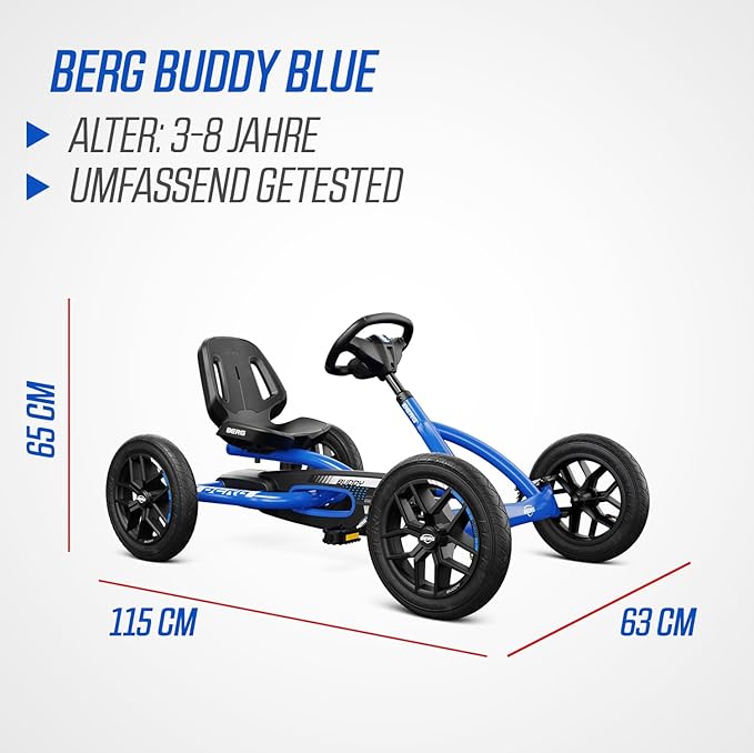 Berg Toys Buddy Blue Pedal Go Kart for Kids– Adjustable Ride On Toy for Ages 4-8 – Go Karts with BFR System and Adults Outdoor Pedal Car for Kids