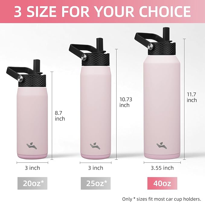 40oz Insulated Stainless Steel Water Bottle with Straw and 3 Lids, BPA-Free Sports Water Bottle,travel water bottle,Pink