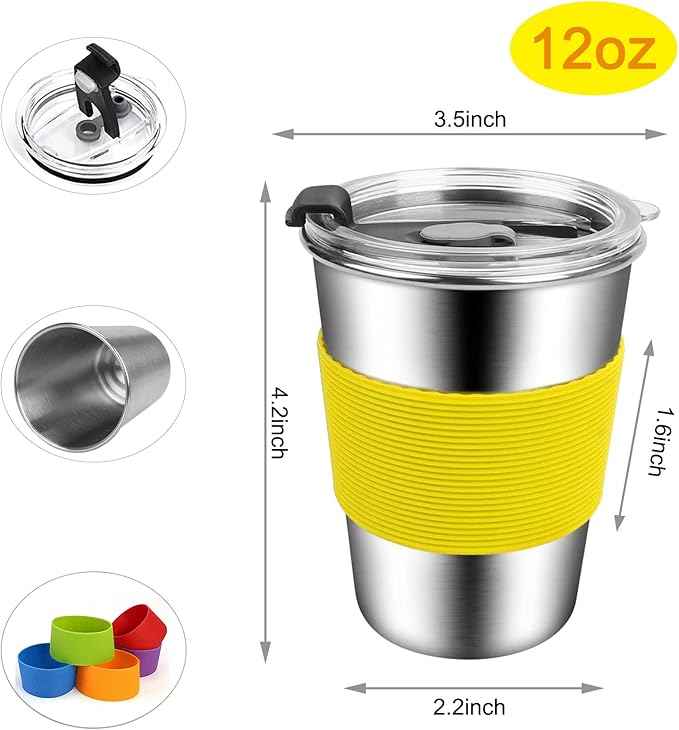 ShineMe Kids Cups with Lid, 12oz Stainless Steel Drinking Cups with Sleeves and Spill Proof Lid, Unbreakable Toddler Sippy Cups Apply to Indoor and Outdoor(6 Pack)