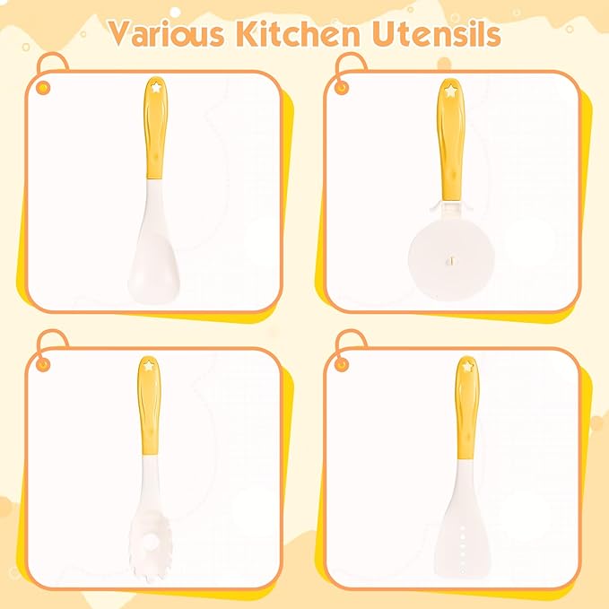 56Pcs Mini Play Kitchen Accessories for Kids, Pretend Cooking Playset with Cookware, Tableware & 2 Fruit Sets, Learning Gift for Girls, Boys, Toddlers, Yellow