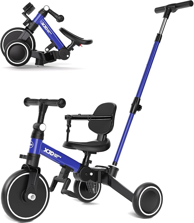 XJD Toddler Bike, 6 in 1 Folding Toddler Tricycle for 1-4 Year Old with Parental Control Handle, Balance Bike with Removable Pedal, Backrest, Adjustable Seat and Handle, First Birthday Gifts (Blue)