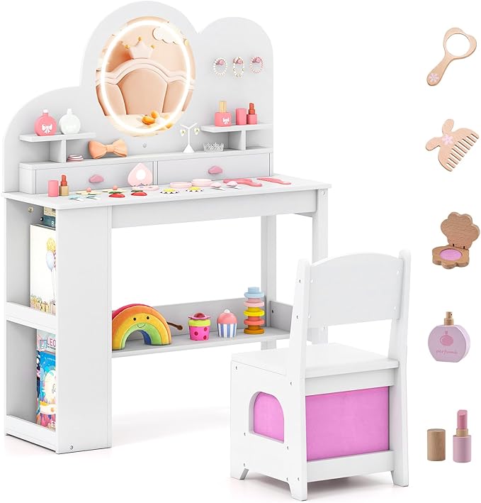 Costzon Kids Vanity, Girls Vanity Set with Lighted Mirror, Bookshelf, Drawers, Hooks & Storage Shelves, Toddler Makeup Vanity Desk Dressing Table, Wooden Kids Vanity Table and Chair Set (White)