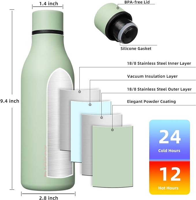 BJPKPK Insulated Water Bottles, 18 oz Stainless Steel Metal Water Bottle with Strap, BPA Free Leak Proof Thermo, Mugs, Flasks, Reusable Water Bottle for Sports & Travel, Macaron Green