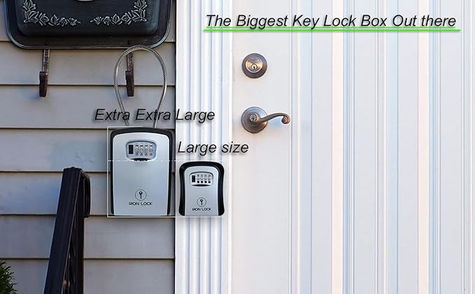 Iron Lock® XXL Portable Key Lock Box and Wall Mounted with Removable Cable Shackle Waterproof Indoor Outdoor 4 Digit Combo Resettable Code with A B Switch Extra Large Key Lockbox Outside (XXL, Grey)