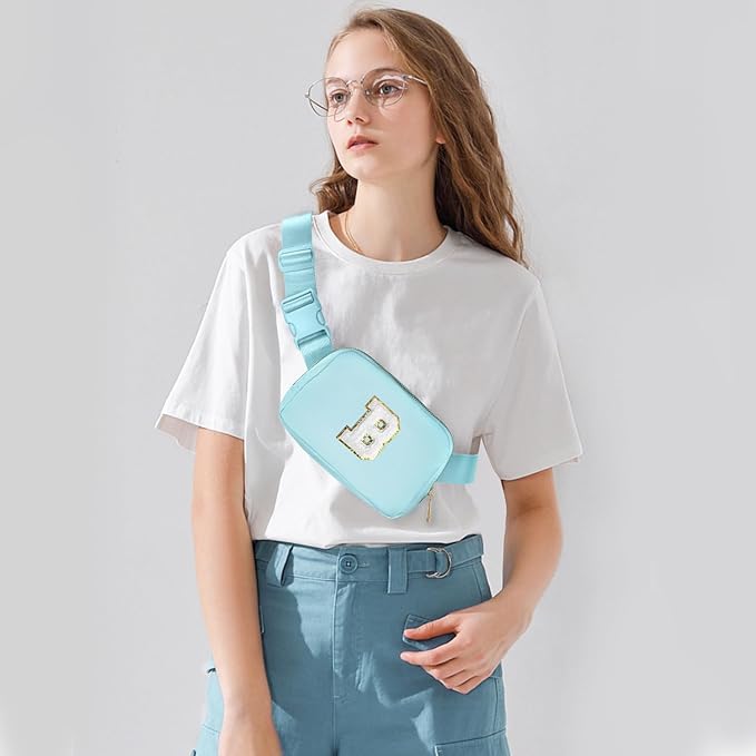 Gitus Birthday Gifts for 8 9 10 11 12 13 Year Old Girls Personalized Fanny Pack Crossbody Bags with Initial Letter Patch Belt Bag for Teen Girls Cute Trendy Stuff Travel Essentials (Icingblue-B)