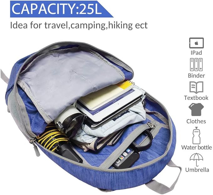 ZOMAKE 25L Ultra Lightweight Packable Backpack, Foldable Hiking Backpacks Water Resistant Small Folding Daypack for Travel(Dark Blue)