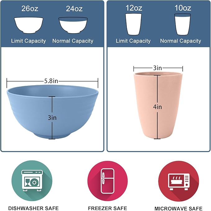 Wrova Wheat Straw Dinnerware Sets 40PCS, Unbreakable Plates and Bowls Sets Service for 8, Microwave and Dishwasher Safe Dish Set, Dinning Plates/Cereal Bowls/Drinking Cups for Kitchen,Camping-Nordic