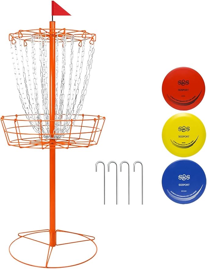 Disc Golf Basket - Portable Disc Golf Target with Heavy Duty 24-Chains Come with 6pcs Disc Golf Discs and Carry Bag, Ground Stake -Suitable for Players of All Levels - Multi Color Available