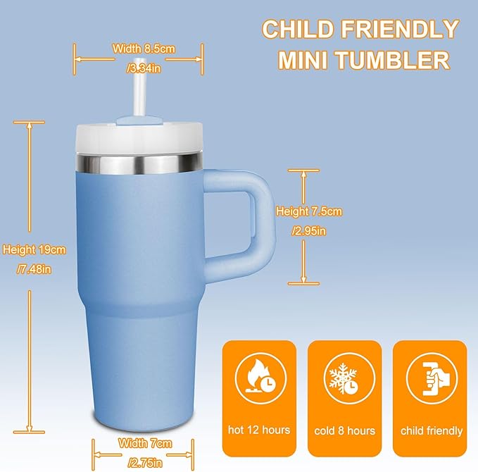 14 oz Tumbler with Handle and Straw, 14oz Tumbler with Lid and Straw for Kids Stainless Steel Tumblers, Car Mug Outdoor Sports Travel Gift (Sky blue)