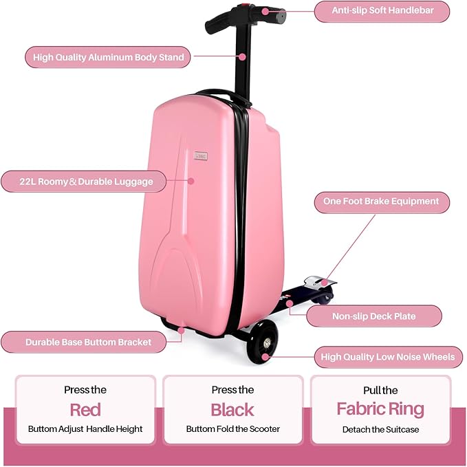 Scooter Luggage for Kids Scooter Suitcase for Ages 4-12, 4 in 1 Kids Luggage Boarding Suitcase Detachable & Foldable Scooter Travel Trolley Ride On Luggage-Rose Pink