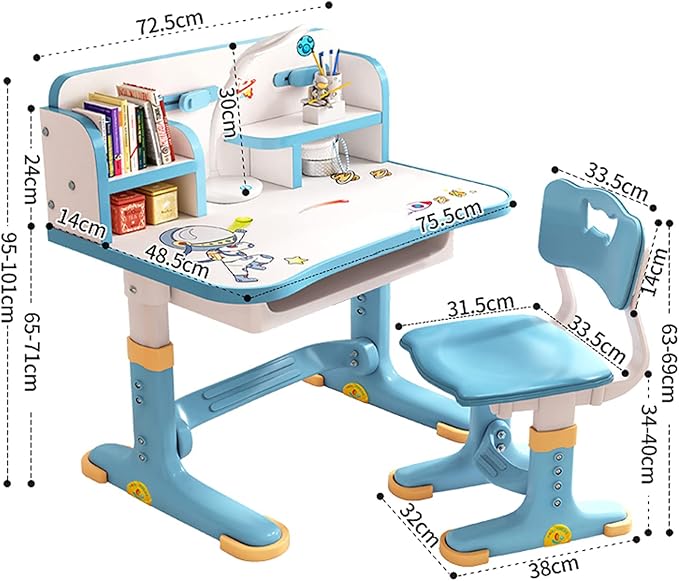 Upgraded Kid's Desk and Chair Set, Adjustable Children's Study Table with Bookshelf and Storage Drawer, 50-Degree Tiltable Desktop with Chair for Bedroom (Blue 101cm)