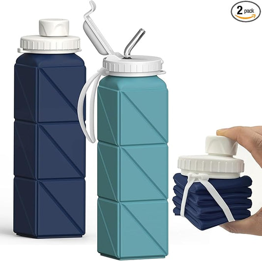 Collapsible Water Bottles 20.6oz 2 Pack, Silicone Foldable Portable Water Bottle, Lightweight Reusable Leakproof for Travel Camping Hiking Cycling Yoga Sports Outdoor (Blue+DarkBlue)