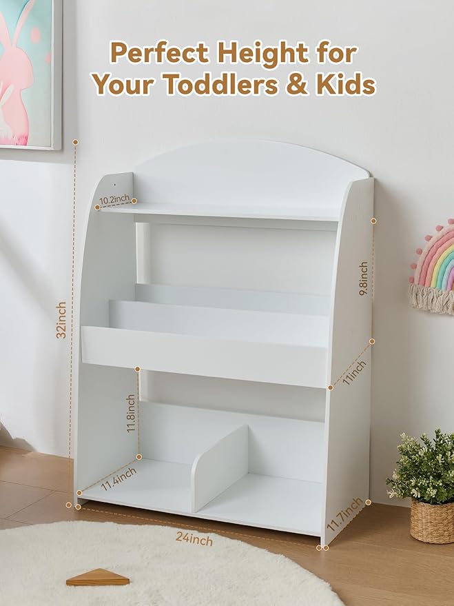 Wooden Kids Bookshelf and Toy Storage, 3-Tier Montessori Book Display Shelf for Toddler Kids Room, Nursery, Playroom, Classroom, White