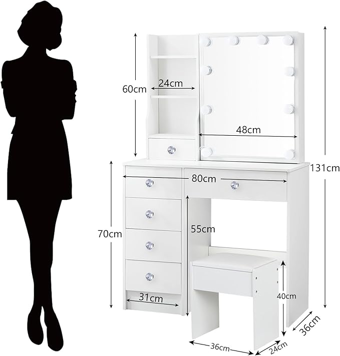 Makeup Vanity Desk with Sliding Mirror and Lights, White Vanity Desk with Lighted Mirror, 3-Color Adjustable Brightness, USB Port, Drawers, Small Vanity Set with Stool for Bedroom, Girls & Women