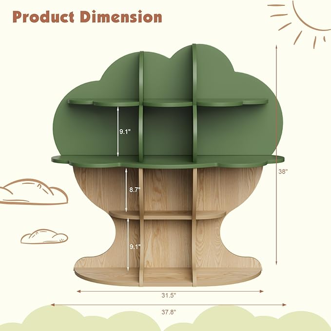 Green Tree Kids Bookshelf Toddler Bookcase 4-Tier Baby Book Rack Children Toy Storage Organizer Forest Wood Display Shelf for Nursery Playroom Bedroom Classroom School Homeschooling Boy Girl’s Gift