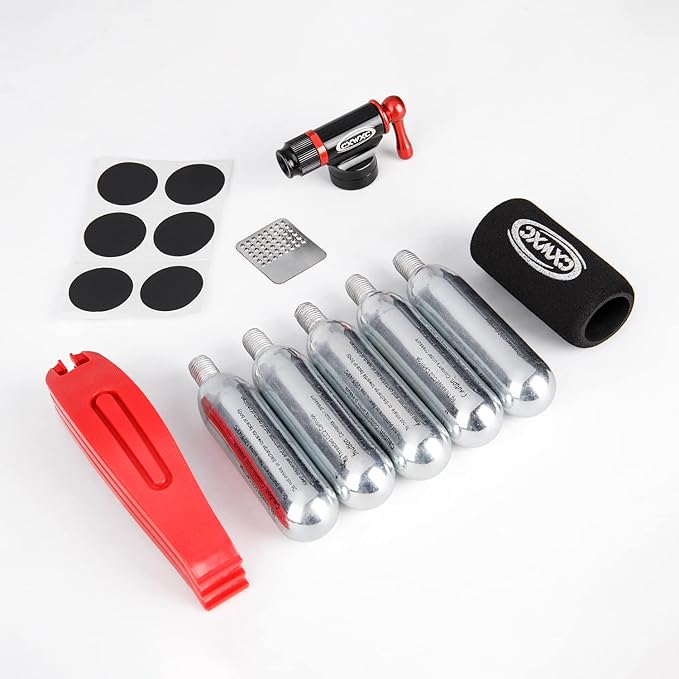 CO2 Inflator Kit with 5 X 16g CO2 Threaded Cartridges- Presta & Schrader Valve Compatible -Portable CO2 Bike Tire Pump Come with Glueles Repair Kit for Road & Mountain Bike