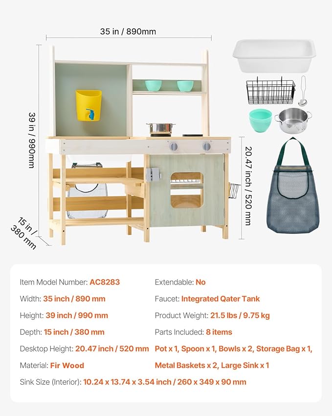 VEVOR Mud Kitchen for Kids, Wooden Toy Play Kitchen Set, Outdoor Toddler Grocery Store Playset, Pretend Play Kitchen with Stoves, Tank, Faucet, Storage Bag, Metal Baskets, and Cookware Pots