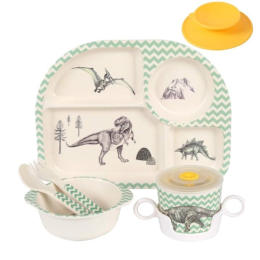 shopwithgreen 7Pcs/Set Bamboo Kids Dinnerware Set - Children Dishes - Food Plate Bowl Cup Spoon Fork Set Dishware, Cartoon Tableware, Dishwasher Safe Kids Healthy Mealtime, BPA Free