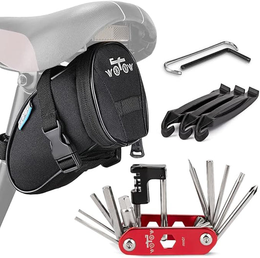 WOTOW Bike Repair Tool Kit & Bike Saddle Bag, 14 in 1 Bike Chain Tool Hex Key Wrench Maintain Accessories Multitool Set with Portable Under Seat Bag for Road Mountain Commuter Bicycle