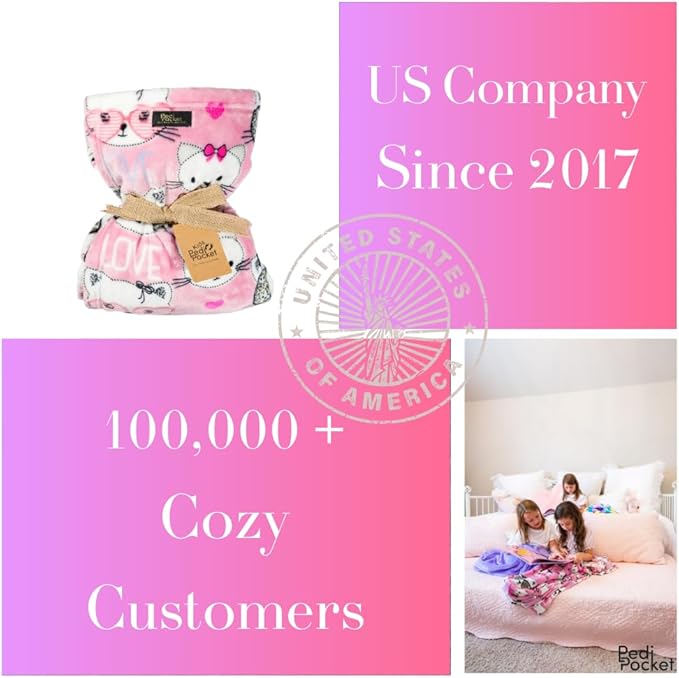 PediPocket Kidz Patented Foot Blanket – Fancy Feline – 40” x 50” with 15” Deep Foot Pocket, Plush Velvety Fleece Blanket for Kids,Everyday Luxurious Comfort, Machine Washable, Gift Idea (non-electric)