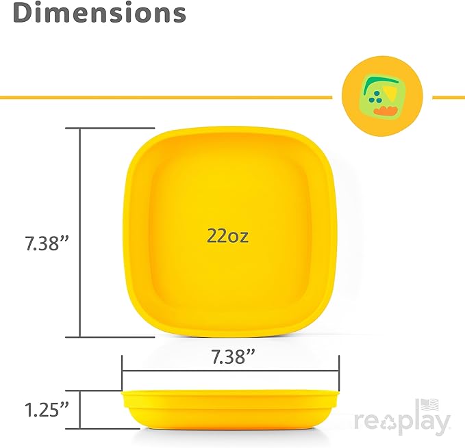 Re-Play Toddler Plates - 22 Oz. Deep-Walled Flat Kids Plates - Dishwasher & Microwave Safe - Made in USA - Set of 4-7.37" x 7.37" x 1.25" - Aqua Asst