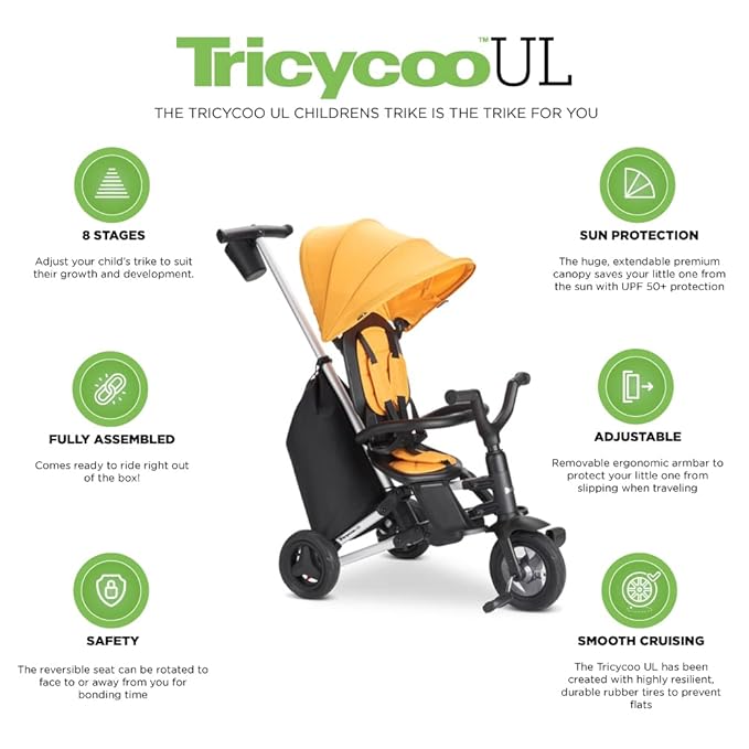 Joovy Tricycoo UL Kids Tricycle with 8 Stages Featuring 3 Rubber Tires, Removable and Adjustable Parent Handle, Safety Harness, 3-Position Recline Seat, and Retractable Canopy, Goldy