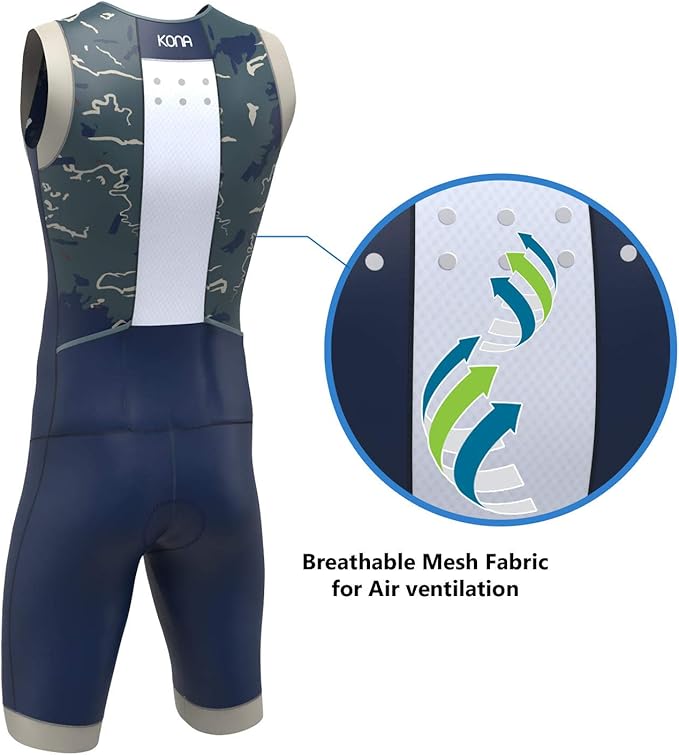KONA Mens Assault Triathlon Race Suit - Sleeveless Skinsuit Padded Cycling Tri Suit for Swim Bike Run