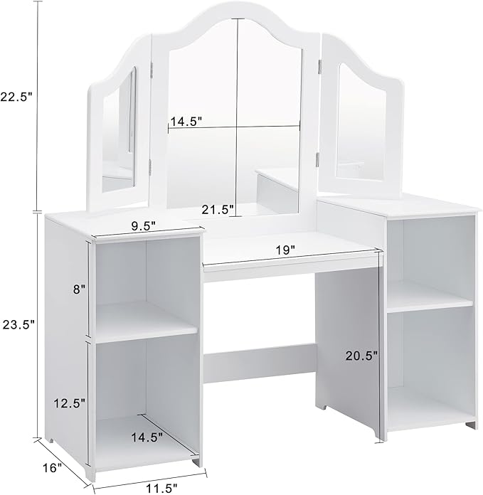 2 in 1 Princess Makeup Vanity Storage Cabinet with Detachable Top, Girls Vanity Set with Tri-fold Mirror, Age 3-9 (White)