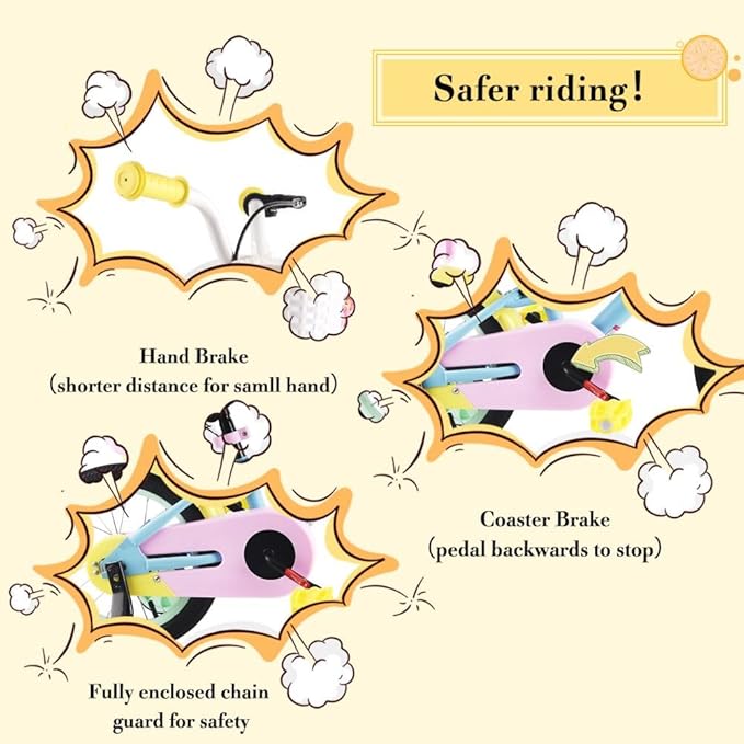 RULLY 12 14 16 Inch Kids Bike for 2-7 Years Girls 33-53 Inch Tall, Toddler Bicycle with Training Wheels & Coaster Brake, Rainbow Bike, Macarons