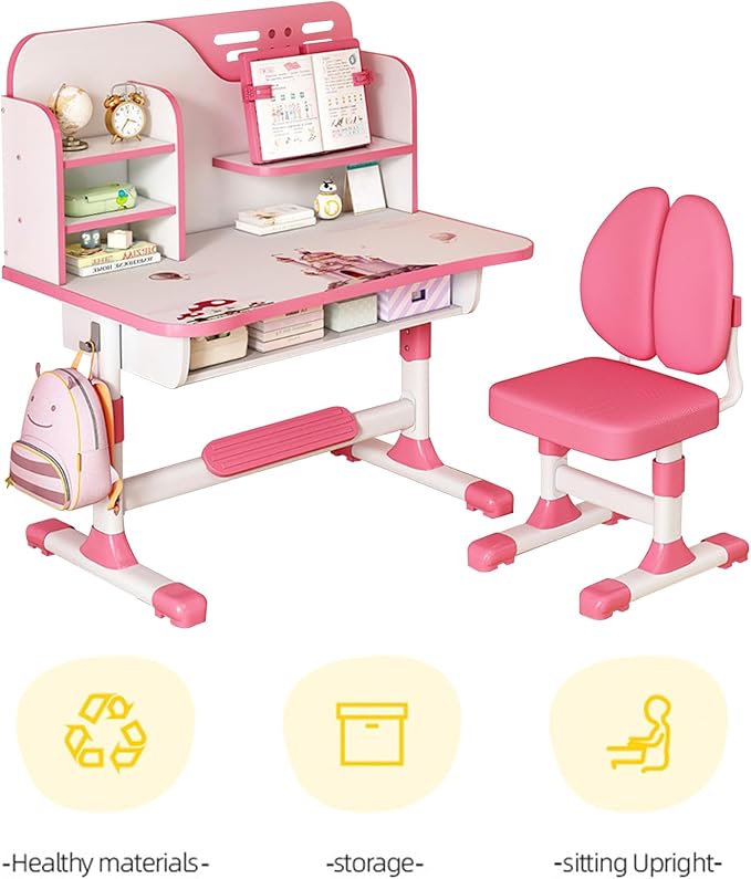 Kids Ergonomic Desk and Chair Set, Height Adjustable School Study Table with Bookshelf, Drawer and Spine Support Backrest, Kids Desk and Chair for Bedroom&Study Room (Pink B)