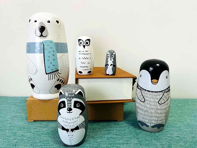 Polar Bear Nesting Dolls - Cute Animal Matryoshka Doll Handmade Wooden Dolls for Children Christmas Birthday Decoration Halloween Wishing Gift,Set of 5