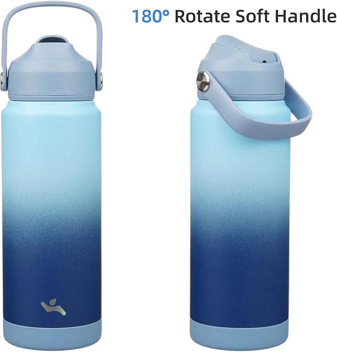 Insulated Water Bottle with Straw Lid,24 oz Stainless Steel Vacuum Metal Bottle with Silicone Handle,Sky