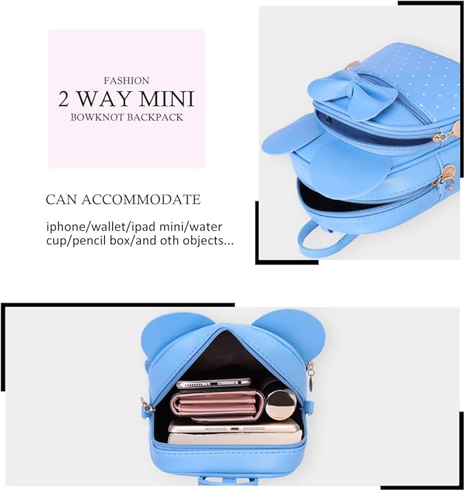 KL928 Girls Mini Backpack Bowknot Polka Dot Cute Small Daypacks Convertible Shoulder Bag Purse for Women
