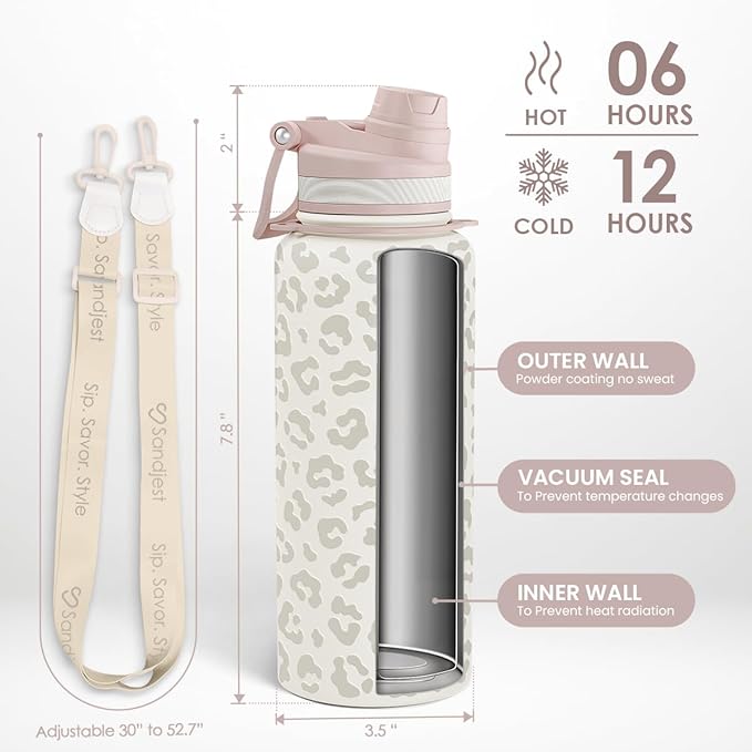 SANDJEST Beige Leopard Skin Stainless Steel Water Bottle with Strap 32oz, Insulated Bottles with Straw and Spout Lid for Gym Sports Travel Outdoor, Gifts for Women Girls Birthday Christmas