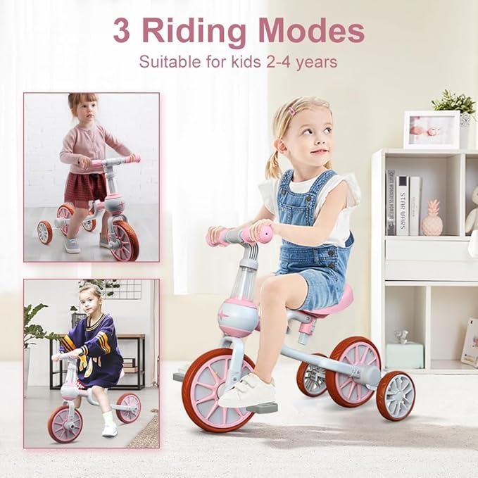 XIAPIA 3 in 1 Toddler Bike for 2-4 Year Old Girl Boy, Kids Tricycle with Adjustable Seat, Detachable Pedal and Training Wheels, Baby Balance Bike Trikes Riding Toys, Kids Chirstmas Birthday Gifts Pink
