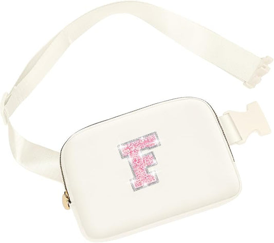 Bridesmaid Gifts Wedding Day, Bridesmaid Proposal Gift, Maid of Honor Gifts, Bachelorette Party Decorations Favors, Initial Fanny Pack Belt Bag Crossbody Bag with with Adjustable Strap (Cream, F)