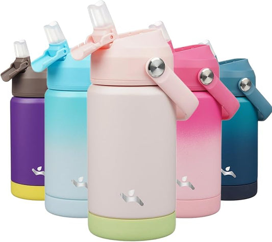 Insulated Water Bottle with Straw Lid,12 oz Stainless Steel Vacuum Metal Bottle with Silicone Handle,Pearl