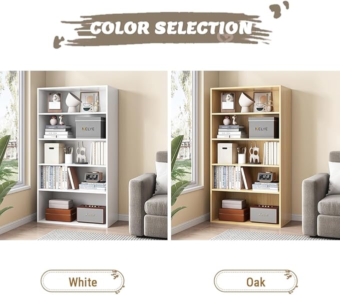 Basic Open Shelf Bookcase - 5-Tier Wooden Cube Storage Shelves Split Bookshelf, Oak