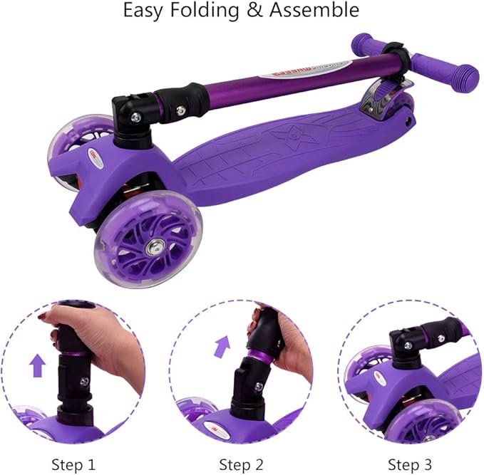 ChromeWheels Foldable Scooters for Kids, Deluxe Kick Scooter 4 Adjustable Height 132lbs Weight Limit 3 Wheel, Lean to Steer LED Light Up Wheels, Best Gifts for Girls Boys Age 3-12 Year Old
