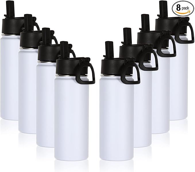 Volhoply 16 OZ Kids Water Bottle Bulk 8 Pack,Insulated Sports Bottles with Straw Lid,Stainless Steel Bottle with Handle Keep Cold & Hot,Double Wall Vacuum Tumbler Cups for School(White, 8)