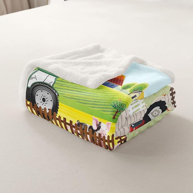 Kids Cartoon Farm Animals Sherpa Blanket Toddler Cute Tractors Fleece Throw Blanket Child Farmhouse Country Plush Blanket Colorful Room Decor Nature Fuzzy Blanket for Sofa Bed Couch, 40x50 Inch