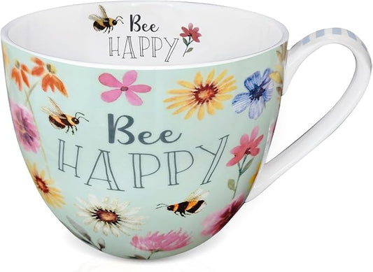 20 oz Bees & Flowers Coffee Hug Mug ,“Be Happy” Designed to Spread Joy, Premium Bone China, Perfect Holiday, Birthday, and Christmas Gift for Women, Designed in England by Harvest Green Studio