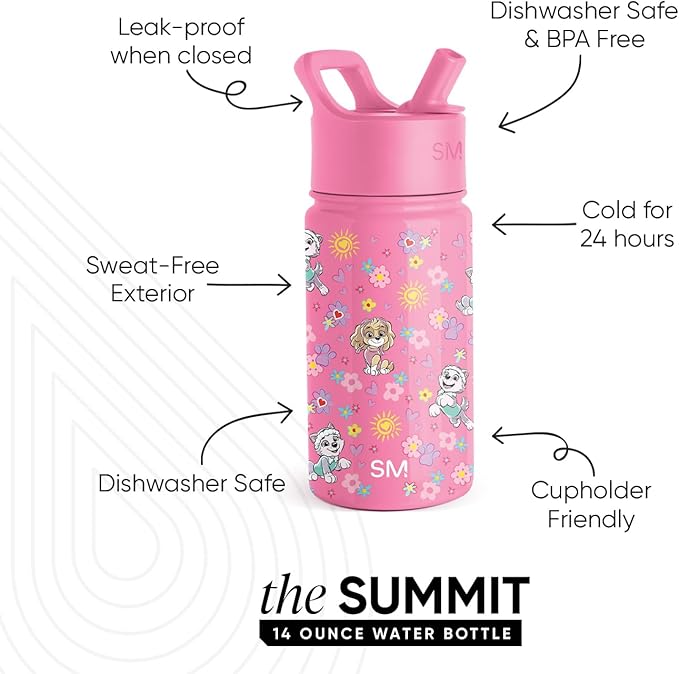 Simple Modern Kids Summit Water Bottle with Straw Lid | Paw Patrol 14oz Stainless Steel Cup Insulated Tumbler for Toddlers, School | Sunny Florals