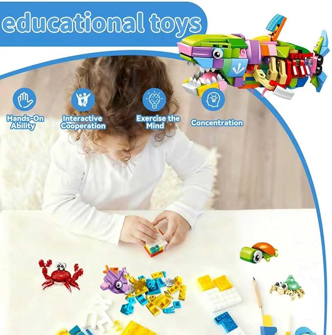 Marine Animal Building Blocks Set, 12-in-1 Ocean Creatures Shark Toy, Creative Party Favors for Kids, Classroom Prizes, Birthday Gifts for Boys & Girls (12 Pack)
