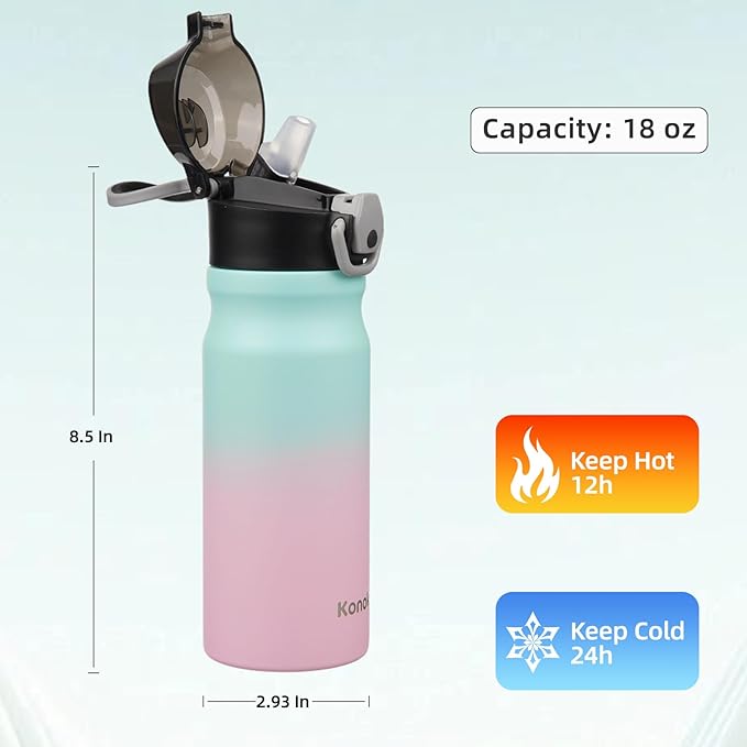 Insulated Water Bottle with Straw and Carry Loop,18 oz Stainless Steel Double Wall Vaccum Metal Water Flask with Leak-proof Lid,Gum