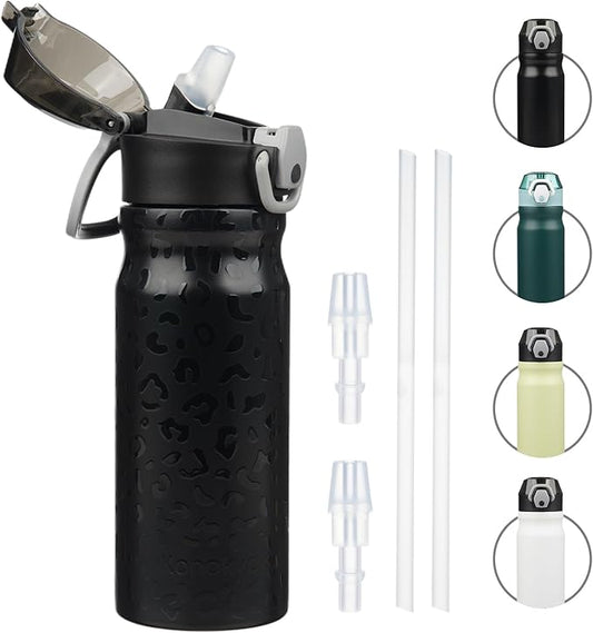 Insulated Water Bottle with Straw and Carry Loop,18 oz Stainless Steel Double Wall Vaccum Metal Water Flask with Leak-proof Lid,Black Leopard