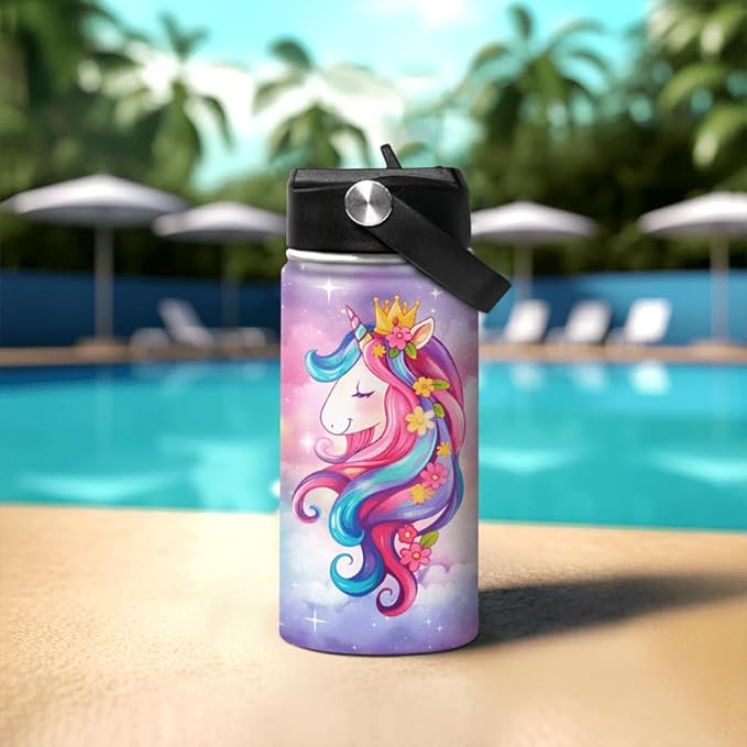 Unicorn Kids Water Bottle Insulated Water Bottles 12oz with Straw Stainless Steel Travel School Tumbler Double Wall Vacuum Cup for Girls Kid Boys