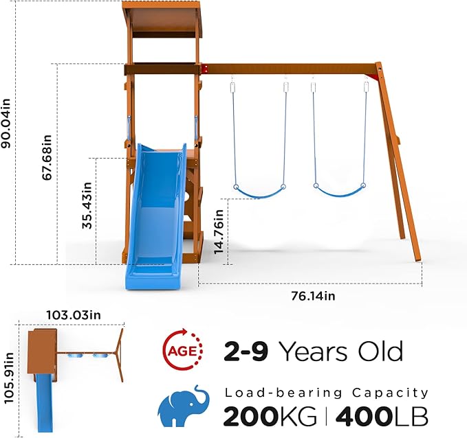 Dolphin Playground Wooden Swing Sets for Backyard with 6FT Slide, Outdoor Playset for Kids with Sand Pit, Climbing Wall, and 2 Belt Swings, Heavy Duty Playground Accessories, Ages 2-9