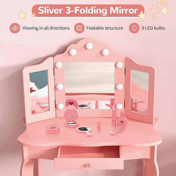 AKUSTIK Kids Vanity with Lights, 2 in 1 Wooden Dressing Table and Chair Set with Tri-Folding Mirror, Stool, Storage Drawer, Toddlers Pretend Princess Beauty Playset Toy Gift for Little Girls