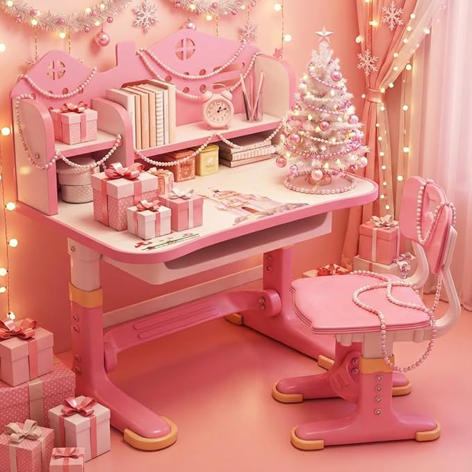 Kids Ergonomic Desk and Chair Set, Height Adjustable School Study Table with Bookshelf, Drawer and Spine Support Backrest, Kids Desk and Chair for Bedroom&Study Room (Pink A)